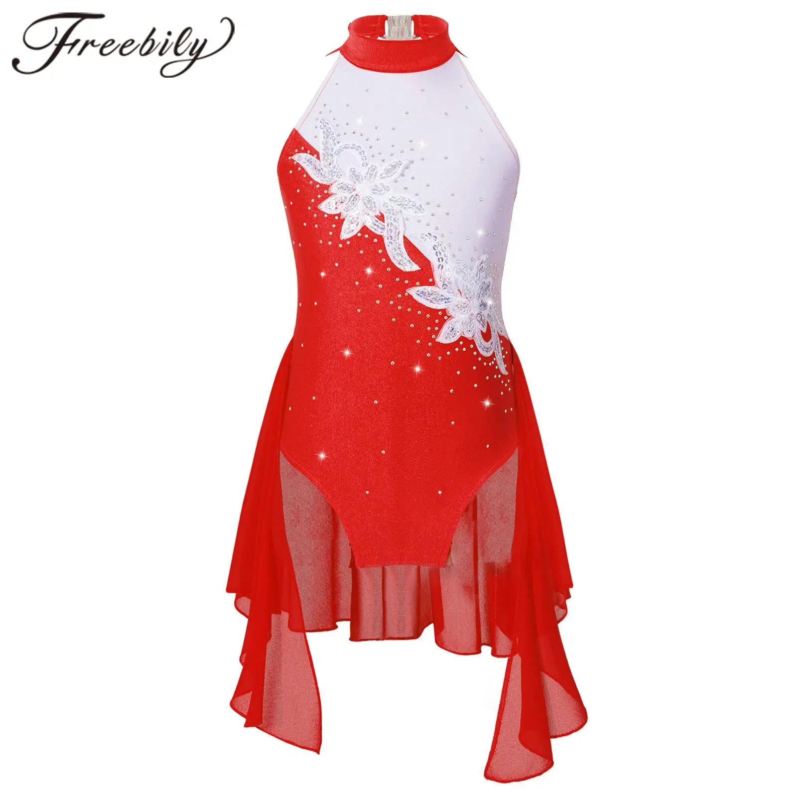 Kids Girls Rhinestone Figure Ice Skating Dress Children Sleeveless Ballet Dress for Dancing Competition Gymnastics Leotard Dress