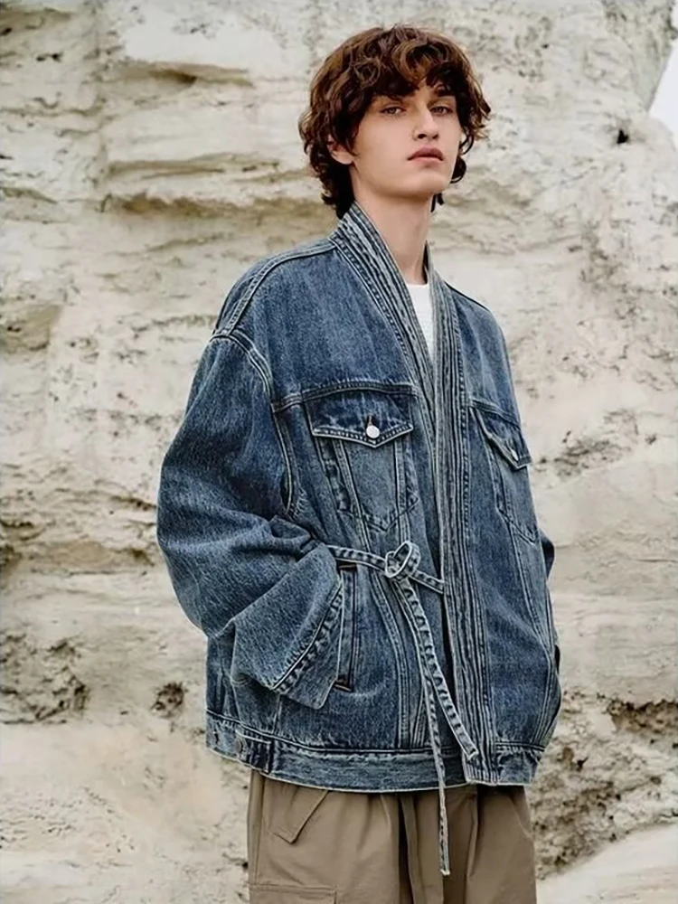 REDDACHIC Men Ribbon Blue Wash Denim Jacket Long Sleeves Plus Size Pleats Stitch Pockets Oversize Coat Casual Vintage Outerwear