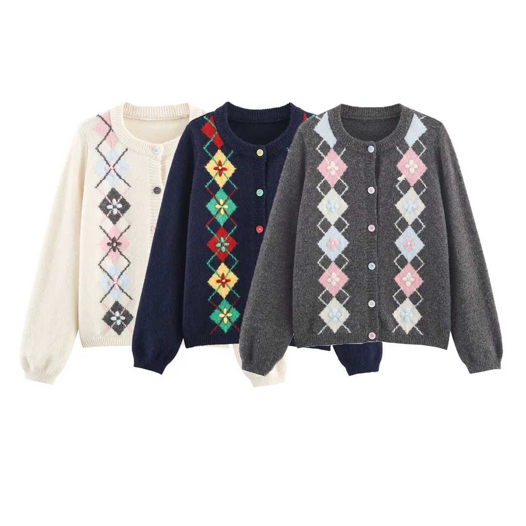 

Autumn/winter Women's Retro Diamond Hand-crocheted Cardigan Simple and Stylish Design Round-neck Knitted Outwear