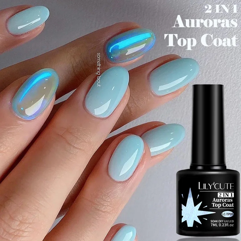 LILYCUTE 7ML Blue Aurora Gel Nail Polish Top Coat Summer Sparkling ManicureSemi Permanent Soak Off Glitter Nail Art Gel Varnish