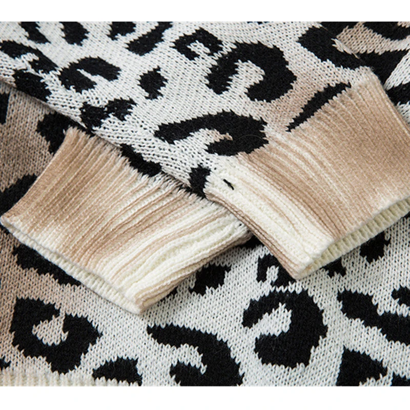 Vintage Leopard Knit Sweater 2025 Autumn Distressed Grunge Streetwear Pullover Couple Casual Knitwear Hipster