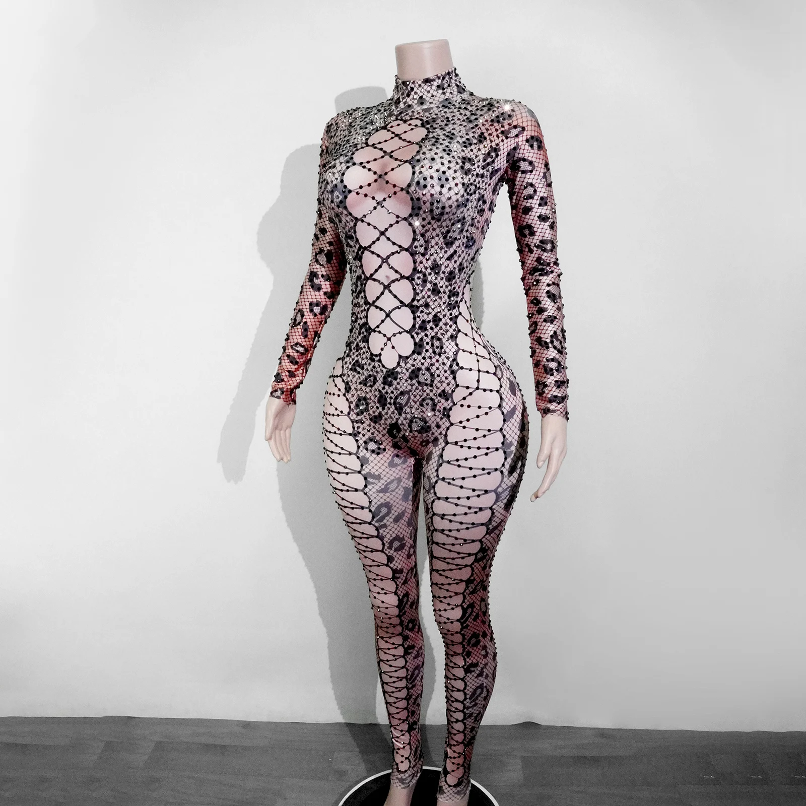 Sexy leopardo impressão net vestido apertado para mulher de manga comprida corte rendas vestido apertado para clubes festas e discotecas