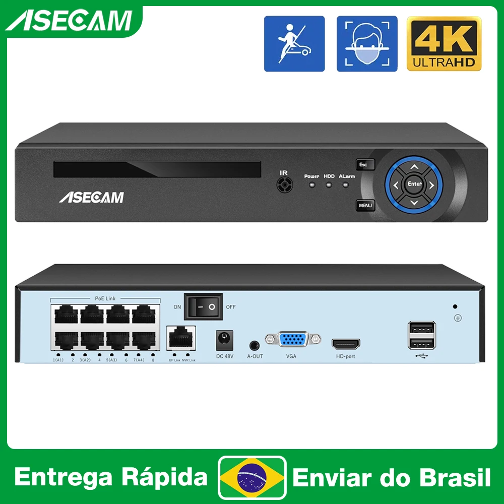 ASECAM 8MP 4K POE NVR Gravador Camera de Segurança  H.265 ONVIF Detecção de Rosto P2P Áudio IP Câmera de Vigilância Xmeye RTSP no Brasil