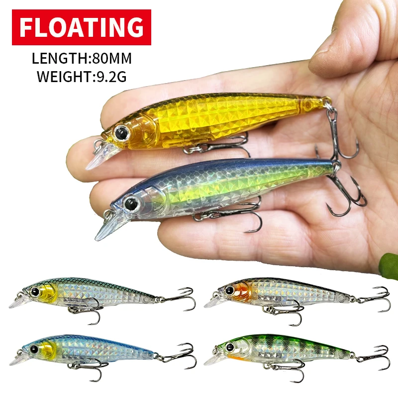 Floating Minnow 80mm 9.2g 3D Crystal Artificial Bait Bass Trout Lures Wobbler Jerkbait for Fishing Accessories Top Water Minnow