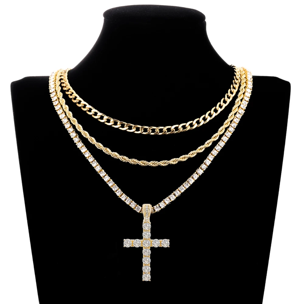 Men Women Iced Out Bling Cross Pendant Necklace 4mm 5A Cubic Zirconia Tennis Chain Stainless Steel Waterproof Never Fade Hip Hop Punk Fine Jewelry Gift Birthday Wedding Anniversary Wholesale