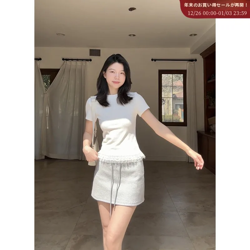 

Хлопковая футболка с сердечками, повседневный комплект с уплотнительной юбкой Dstring Splice Sle для молодежи в сердце, женская весенняя мода