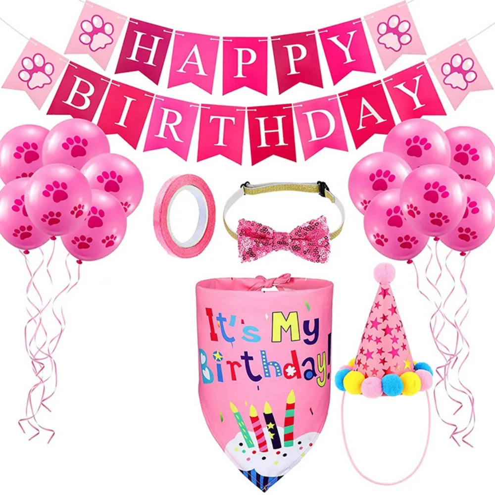 

Cute Pet Birthday Party Set Decorative Cartoon Dog Birthday Bib and Party Hat Adjustable Dog Sequins Hat