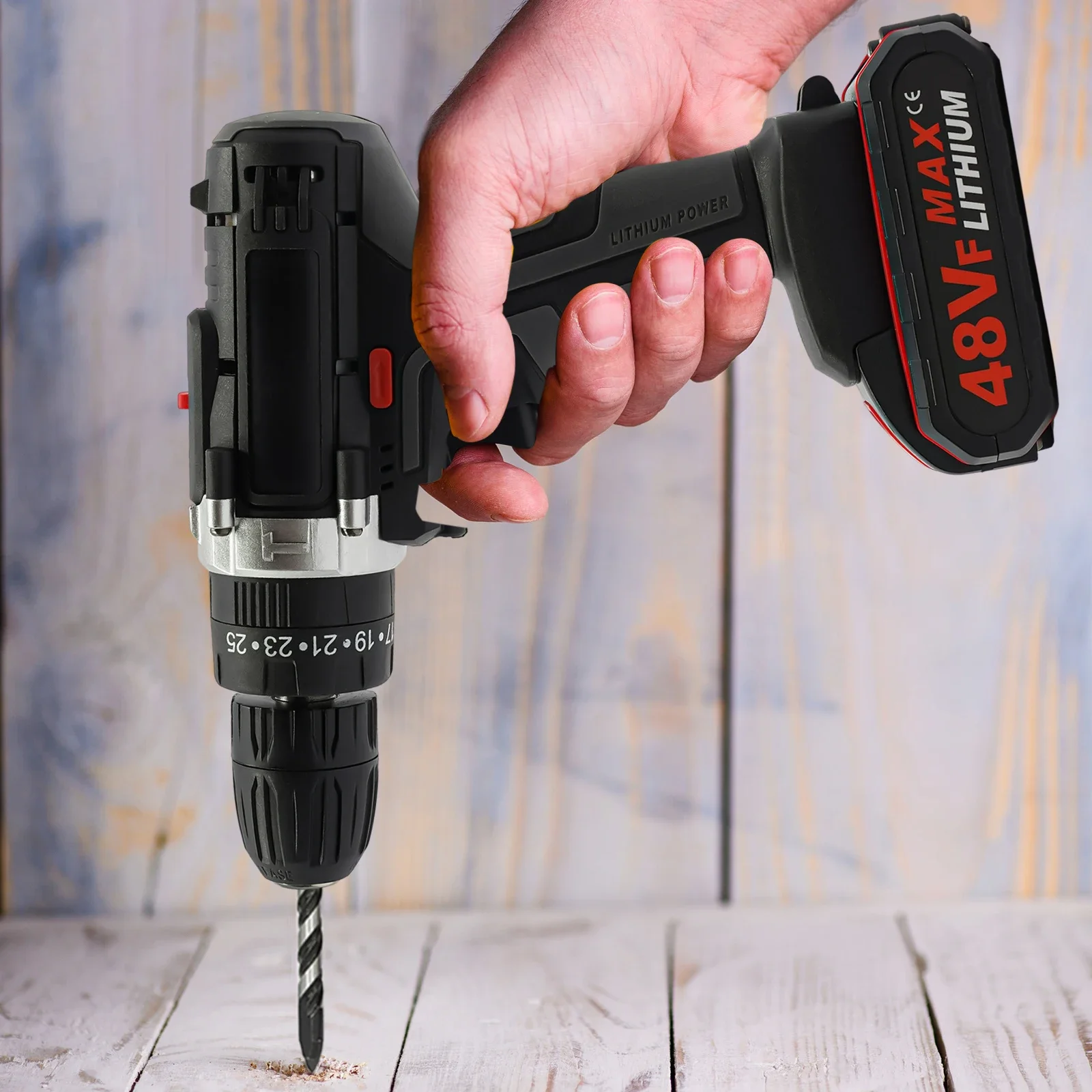 Elektrischer Bohrhammer mit Bürstenmotor, 48VF, batteriebetrieben, 25-28 Nm, mit 2 Batterien und 1 Ladegerät für Bohrarbeiten – Detail 6