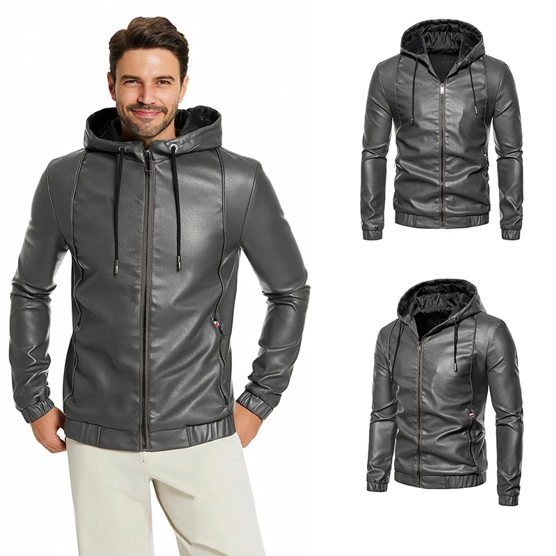 

Мужская повседневная куртка из искусственной кожи с капюшоном, модные куртки-карго в стиле ретро, уличное ветрозащитное пальто, классический однотонный верх, мужская одежда