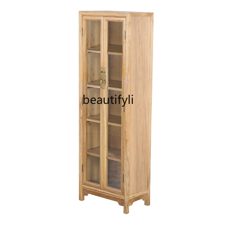 Modern Chinese Bookcase Simple Plain Elm Display Cabinet Made of Glass Storage Solid Wood Bookcase Clothes Closet