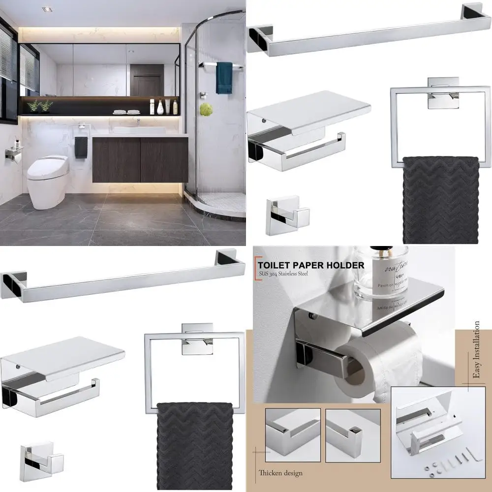 

Chrome Stainless Steel 4-Piece Bath Hardware Set, Wall-Mounted Square Towel Bar Holder Accessory Kit, 23.6 Polished
