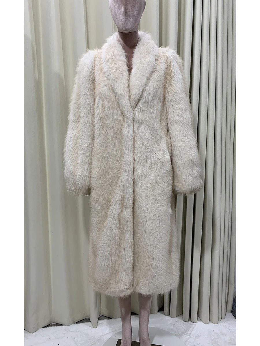 Осенне-зимнее длинное мягкое толстое теплое пальто из волосатого искусственного лисьего меха, женское пальто с шалевым воротником, элегантное роскошное шикарное пушистое меховое пальто, верхняя одежда