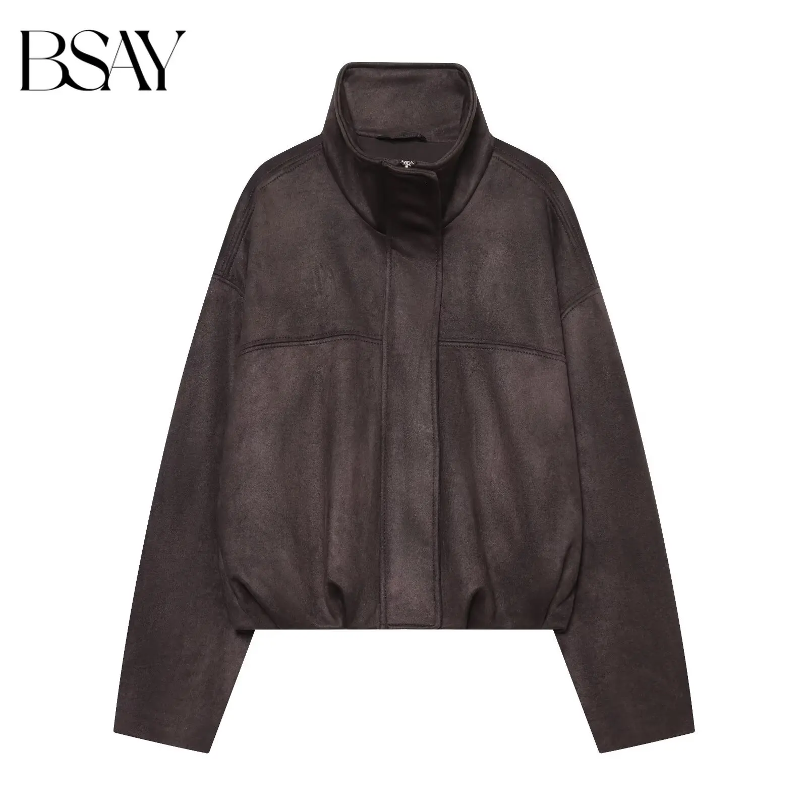 BSAY 2026 Herbst Casual Commute Damen Kunstwildlederjacke Stehkragen Bubble-Saum Oversized Lose Kurze Langarm-Oberbekleidung