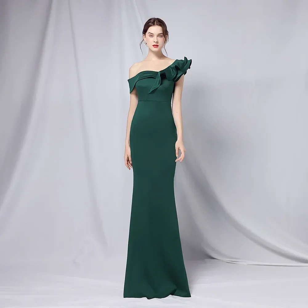 

Evening Dresses Green Stretchy Off the Shoulder Ruffles Zipper Back Mermaid Trumpet Floor Length Women Party Formal Gowns YE001