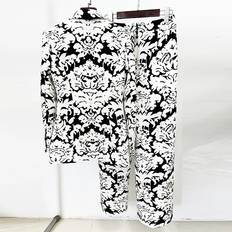 Conjunto de traje de 2 piezas para mujer, Blazer y pantalones con estampado de flores, chaqueta Formal de oficina, abrigo de negocios de un solo pecho, blanco y negro