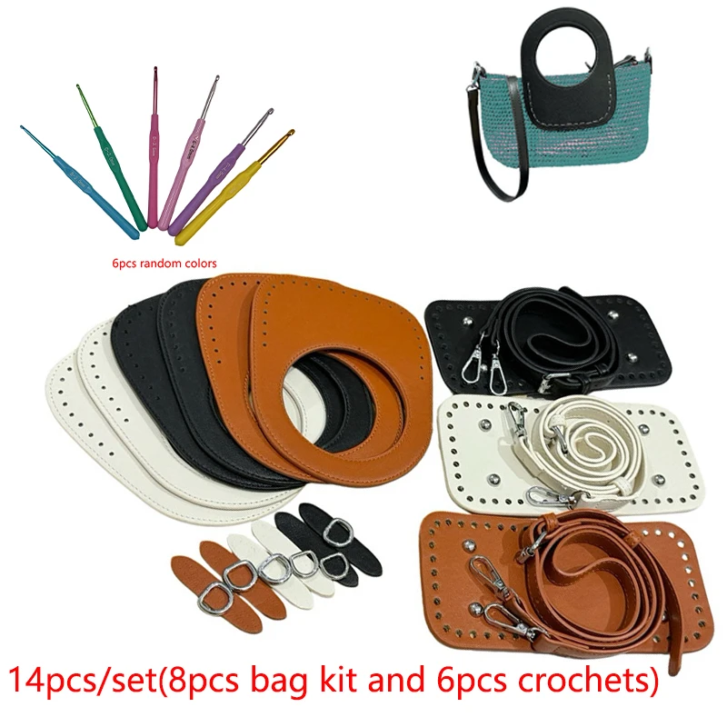 14Pcs/Set (6 Random Color Crochet Hooks + 8 Bag Making Accessory Sets) DIY Handmade Woven Bag Leather Accessories Crossbody Straw Bag Water Grass Hand-Woven Bag Holiday Beach Bag DIY Materials