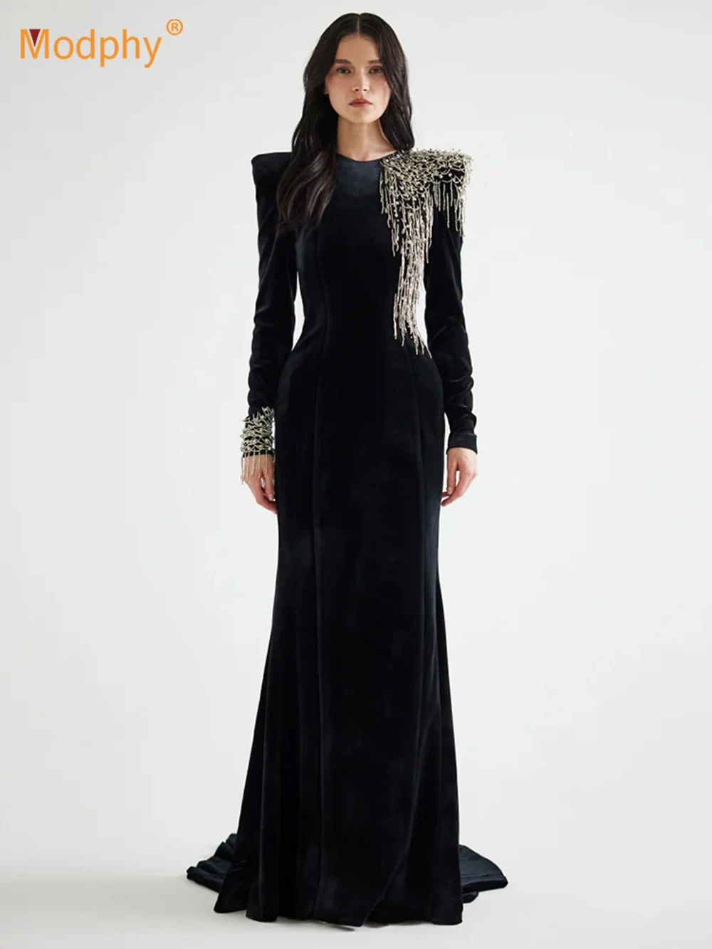 Modphy-ベルベットの床の長さのドレス,長袖,エレガント,フォーマル,セレブ,イブニングドレス,重工業,お父さん
