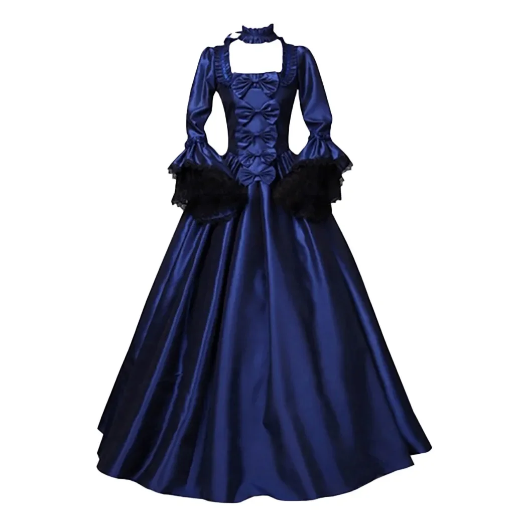 Women's Steampunk Vintage Lace Patchwork Large Bell Sleeve Medieval Gown Dresses Plus Size Gothic Elegant Square Neck Dress