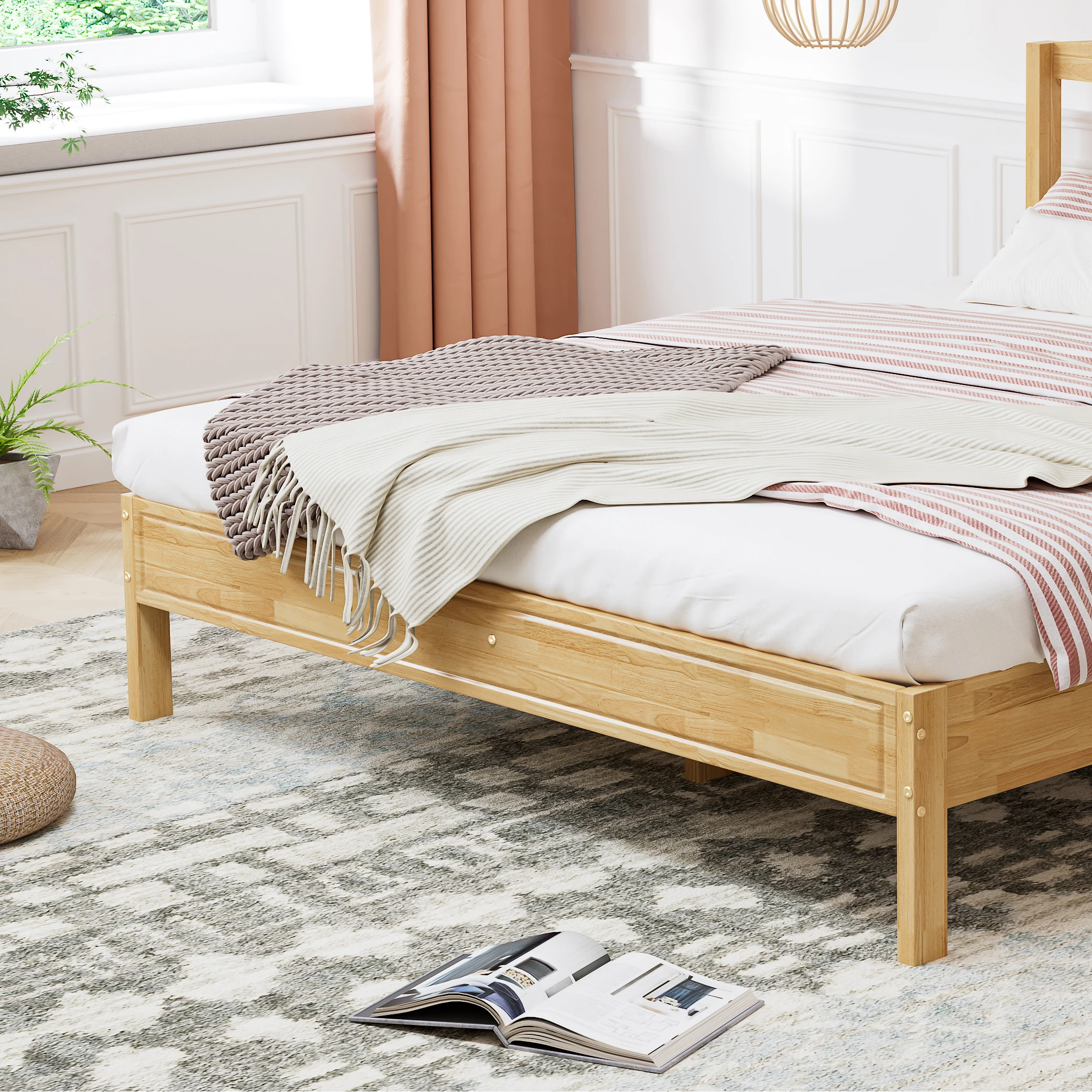 PINGGO Naturrattan-Doppelbett 160x200cm Kiefernholz PE-Rattan 15 Latten Mittelstützfüße Rattan-Netzkissen Ohne Matratze – Detail 4