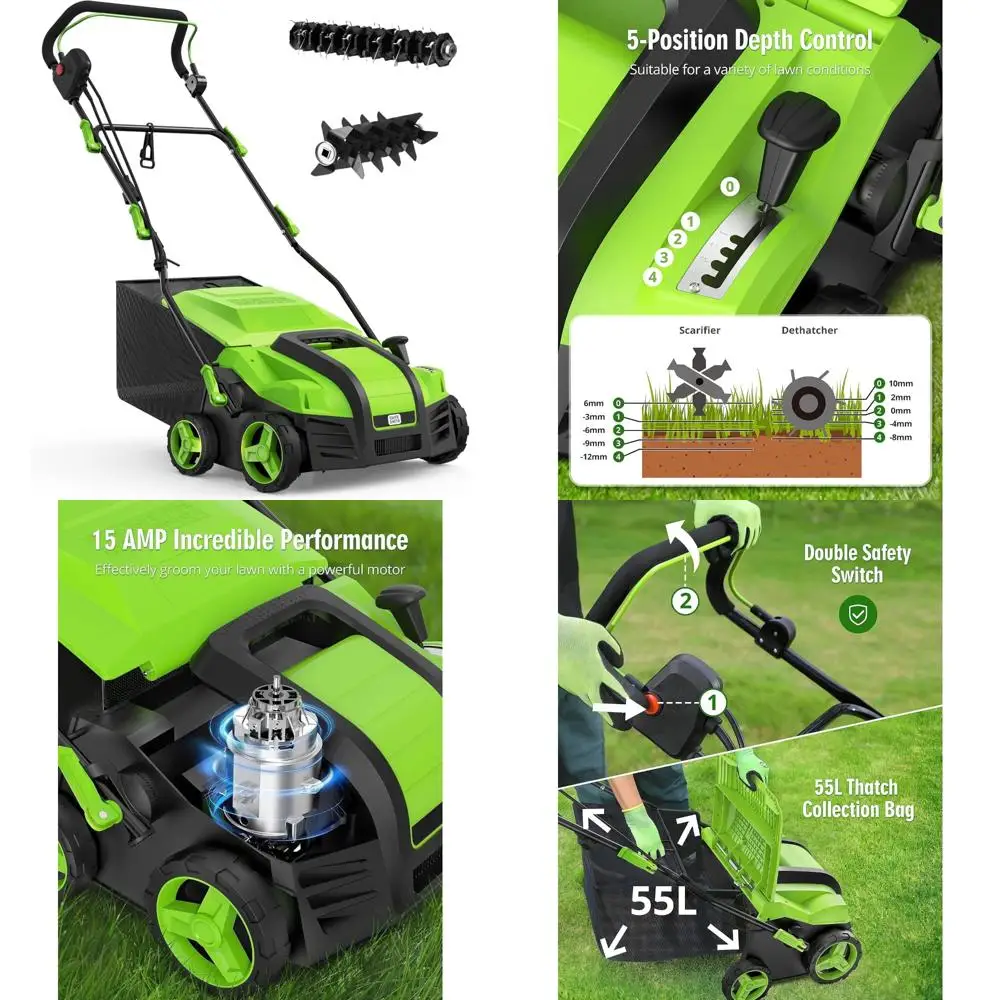 16-Inch 15 Amp Lawn Dethatcher with 5-Position Depth Control and 14.5 Gallon Removable Thatch Collection System for Efficient Ya