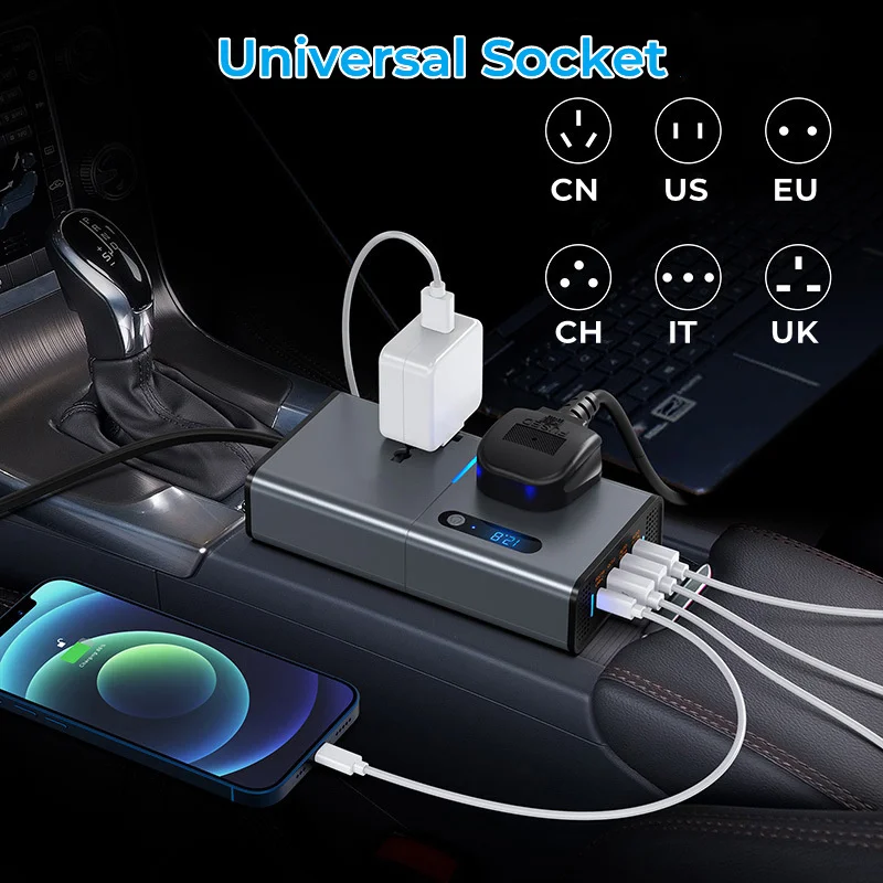 Inversor de energia para carro, preto, universal, 12v a 220v, multifuncional, carregamento rápido, conversor de energia tipo-c, qc 3.0, adaptador de alimentação usb