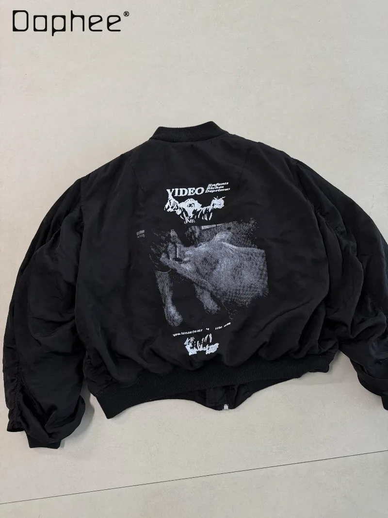 

American Street Personality Black Baseball Jacket Korean Chic High Street Round Neck Pleated Long Sleeve Casual Coat Spring New