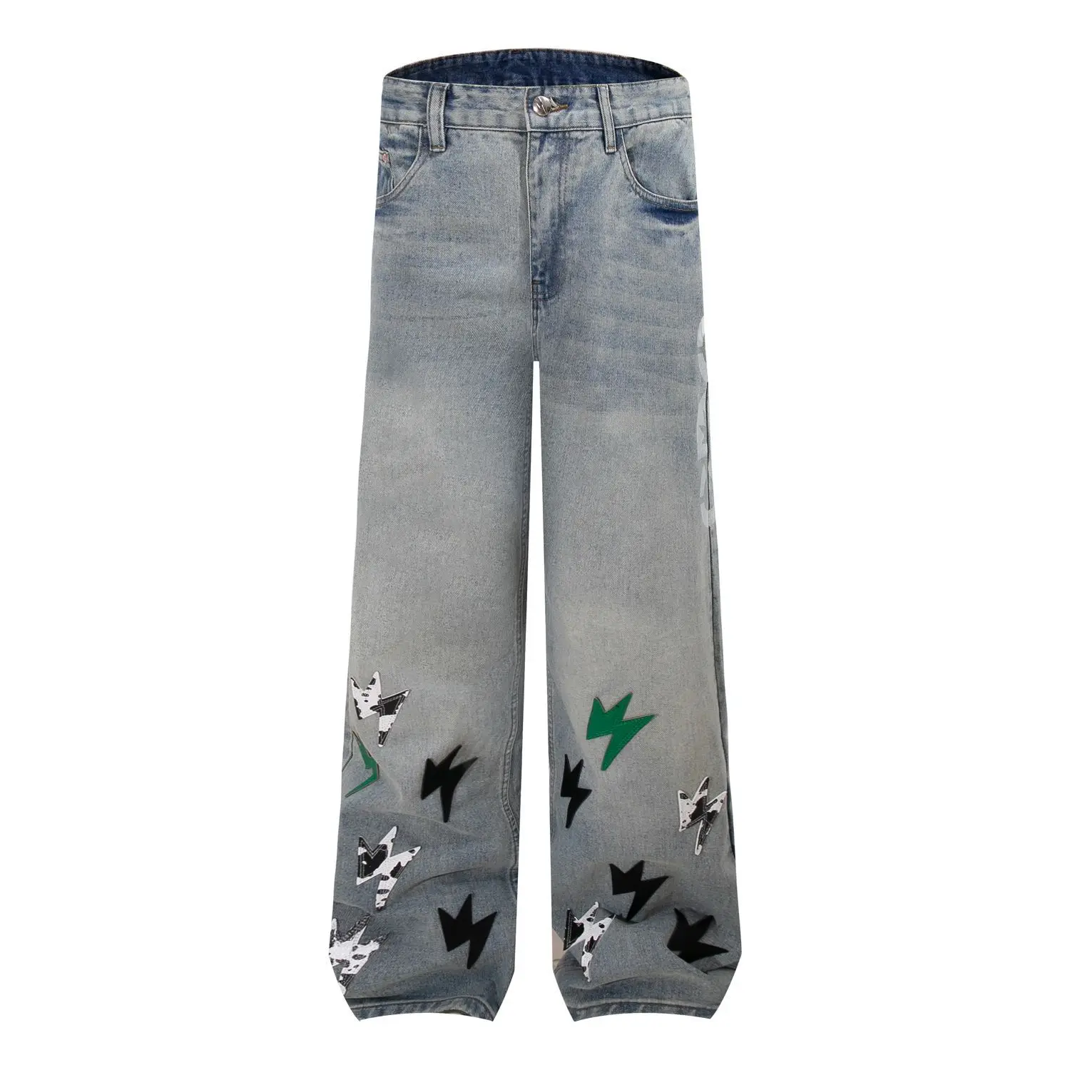 

Men's Fashion High Street Hip Hop Jeans Pants With Thounder Patchwork Streetwear Loose Fit Vibe Style Denim Trousers