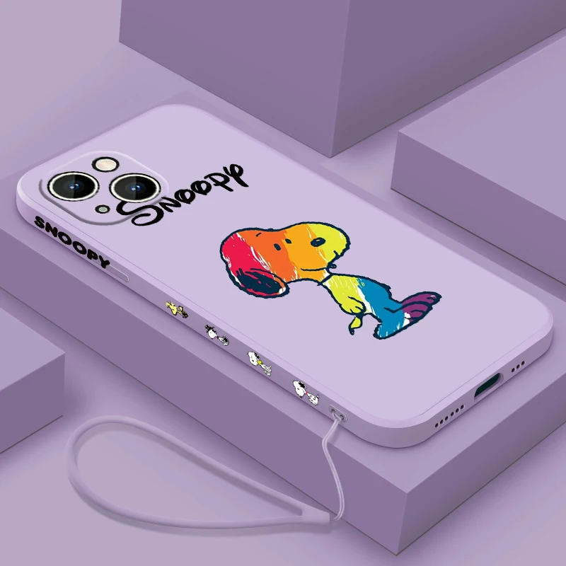 Cute Cartoon S-noopys For Apple iPhone 15 14 13 12 11 XS XR X 8 7 Pro Max Plus Mini Liquid Left Rope Phone Case