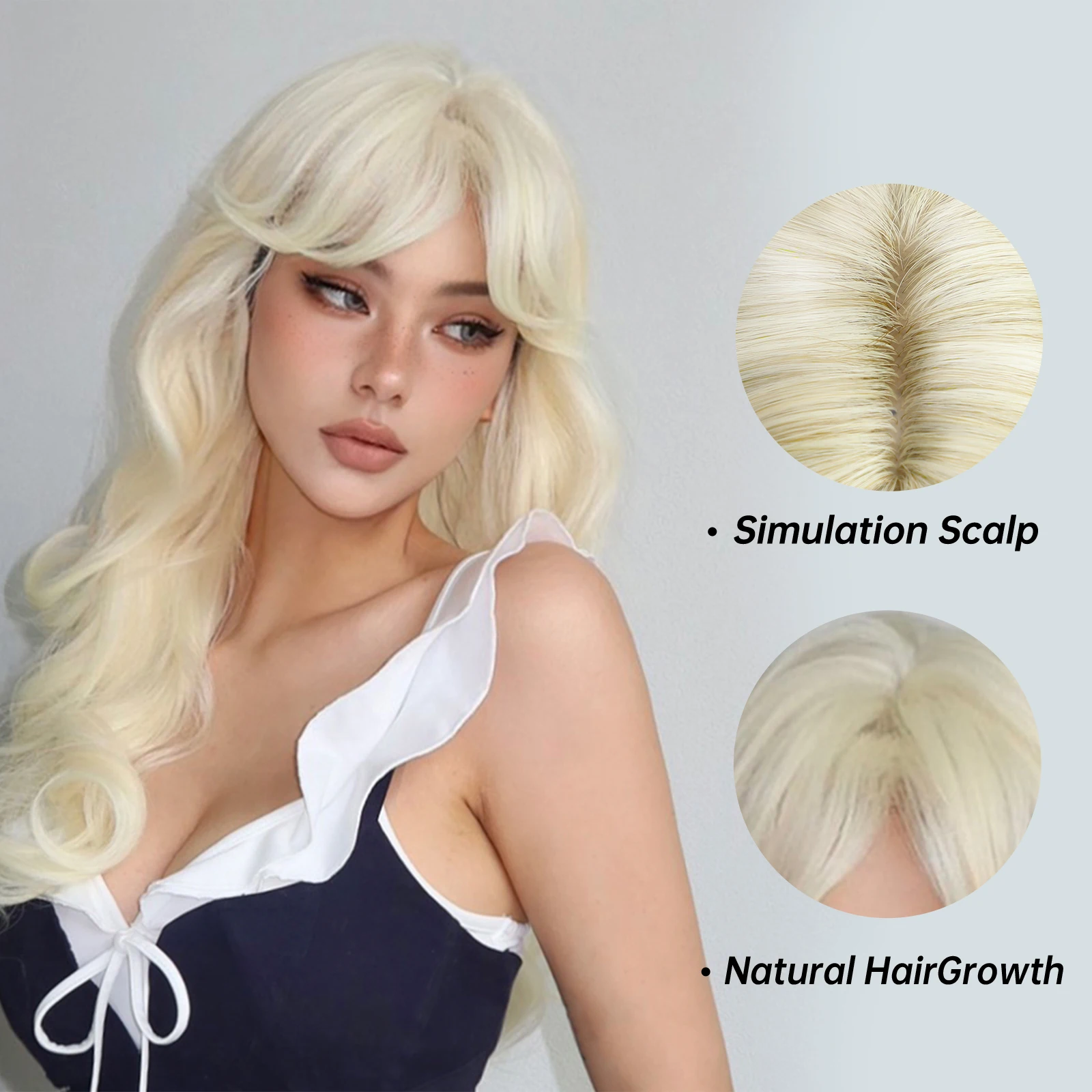 Blonde Ginger Yellow Lolita Cosplay Synthetic Wigs Long Curly Wavy Natural Hair with Bangs for Women Party Heat Resistant Wig