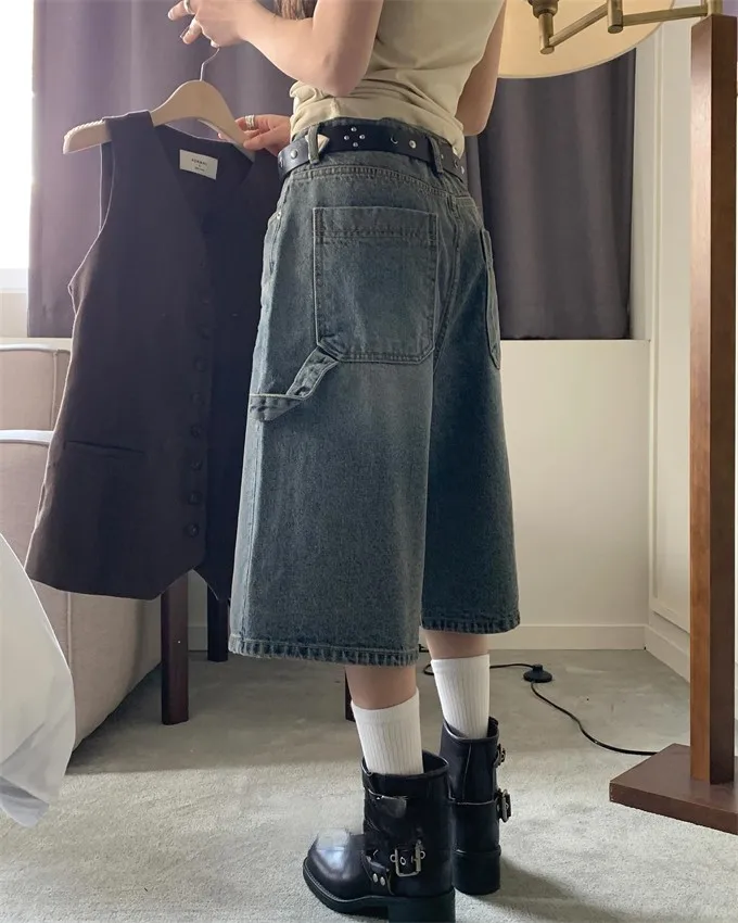 Unico SEI Coreano Sle Street Abbigliamento da lavoro neutro Gamba larga Jeans casual larghi vintage Pantaloni di media lunghezza per le donne