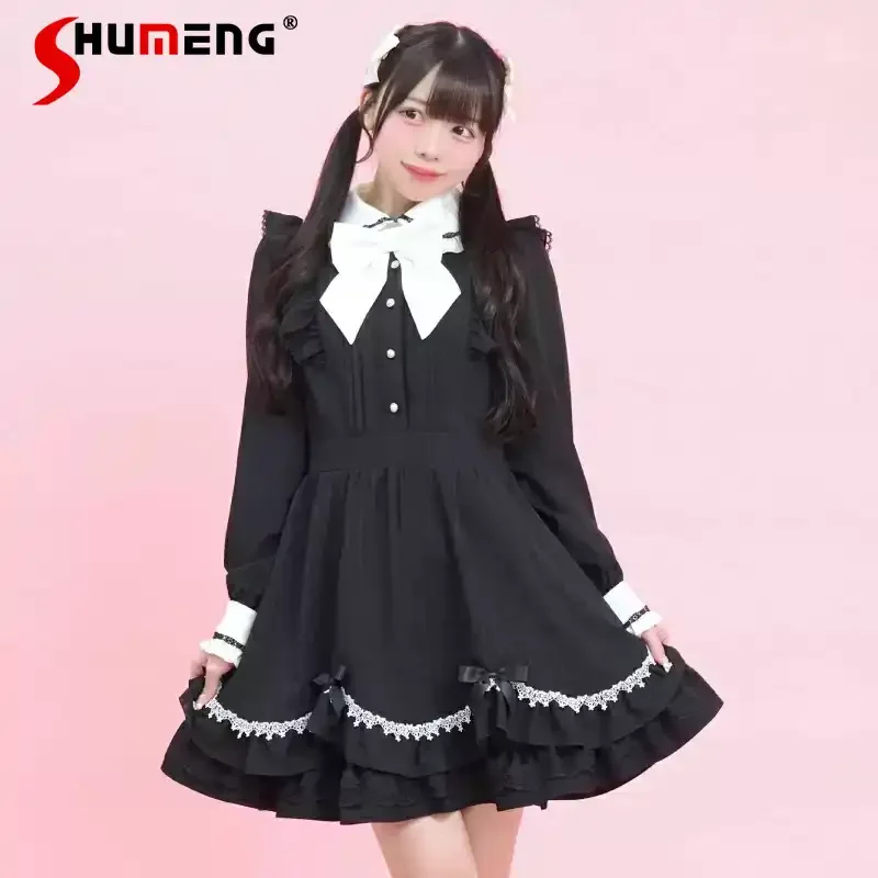 

Japanese Mines Style Sweet Cute Lolita Dress Doll Collar Bow Ruffled Long Sleeve Single-breasted Lace Spliced Short Dress Women