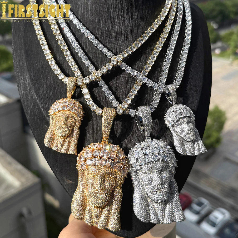 جديد مثلج خارج يسوع رئيس قلادة قلادة الأبيض تنس سلسلة بلينغ تشيكوسلوفاكيا الزركون الإيمان سحر التصميم الديني الرجال الهيب هوب مجوهرات