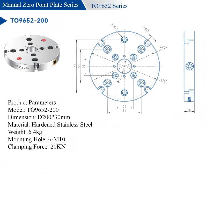Round CNC Base Plate ZPP TO9652-200 Robust For 5 Axis Vices, Workholding Clamping Applications