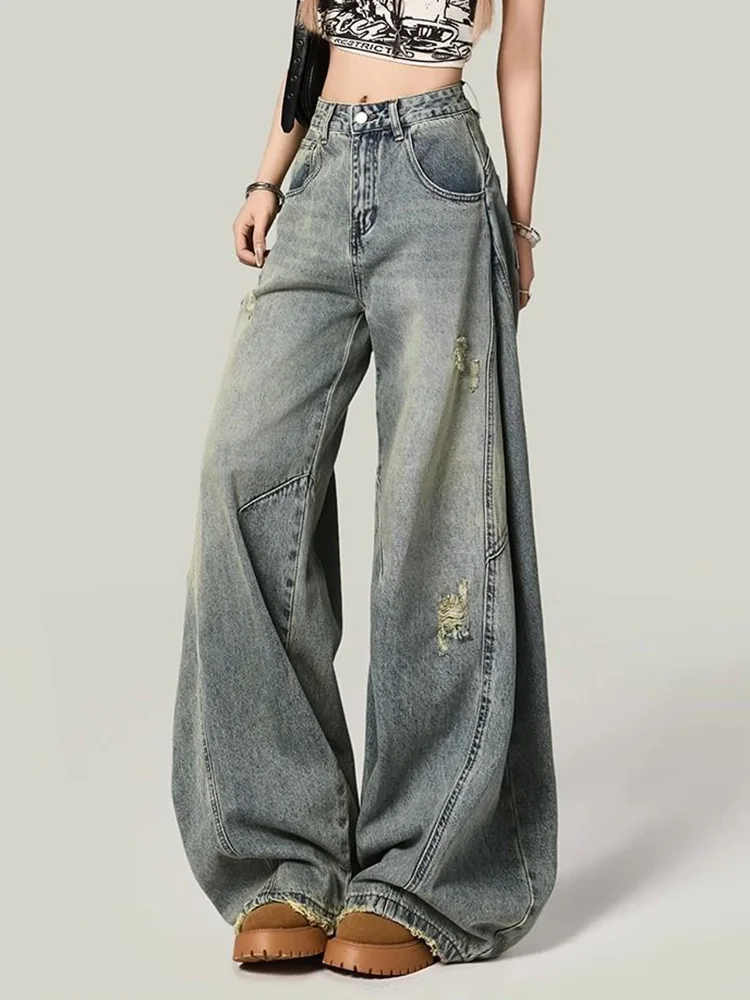 Women Y2K Hole Jeans Streetwear American Retro High Waist Loose Denim Pants Casual Hip Hop Vintage Pockets Lady Gothic Trousers