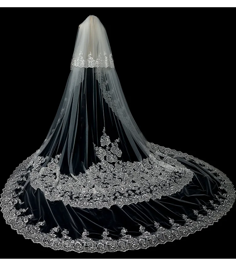 Wedding Veils 3.8m/3.5m Long Bridal Veils Tulle with Comb Floral Applique Wedding Veils L&P DQL Studio