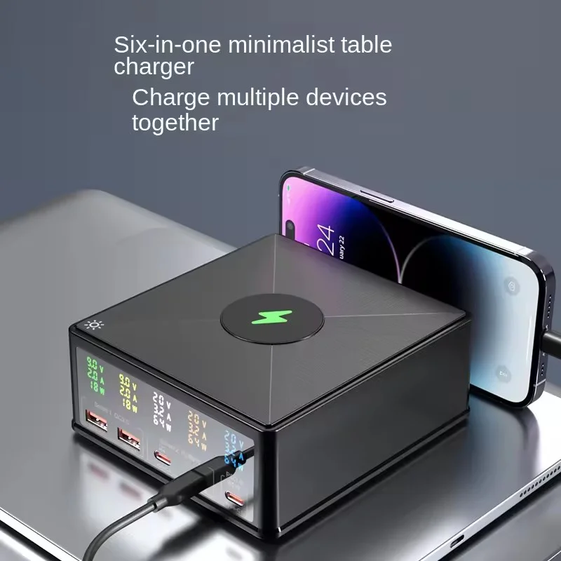 160W GaN USB Charger Station 15W Wireless Charging LCD Display USB C PD 65W QC Fast Charger for iPhone 15 Samsung Xiaomi Laptop