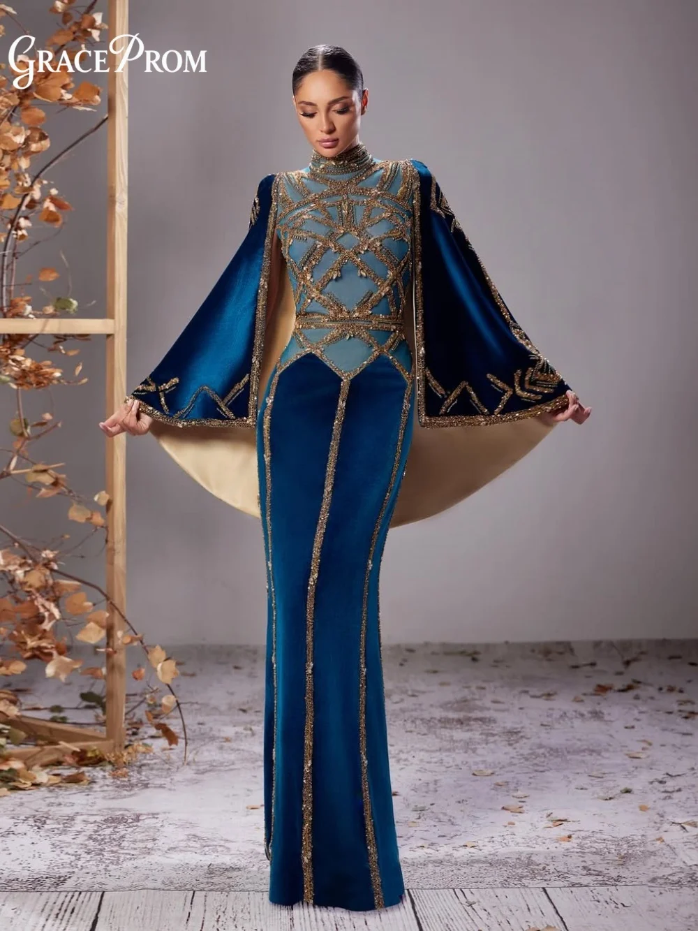 

Элегантное королевское синее платье для выпускного вечера, роскошное золотое вечернее платье-русалка с геометрическим узором для гостей на свадьбу, вечернее платье с высоким воротником.