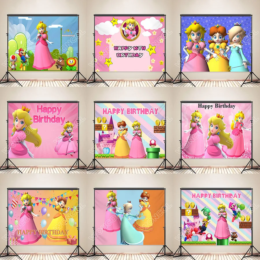 

Princess Peach Backdrop Girl Birthday Party Backdrop Custom Princess Daisy Rosalina Banner Super Mario Canvas Baby Shower Props