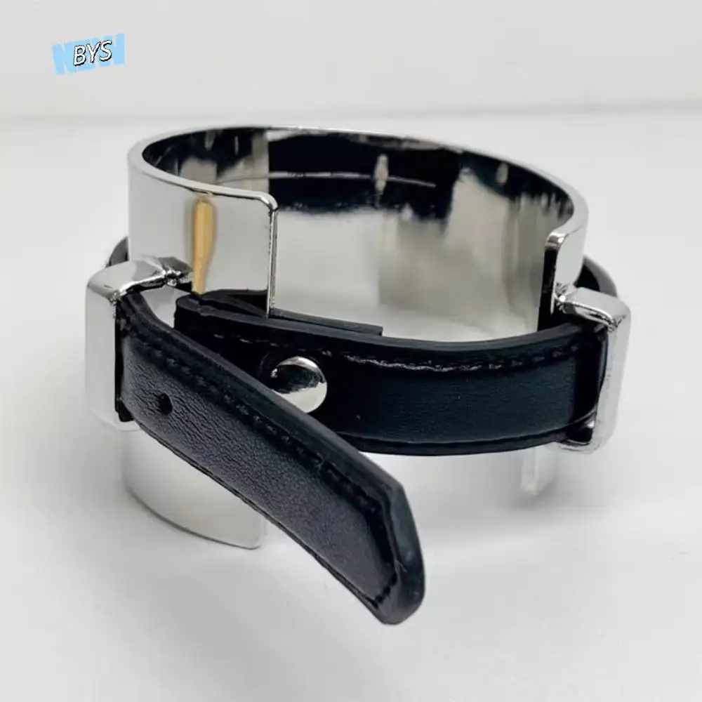

Armlet Exaggerated Metal Bangle Golden Silver Belt Buckle Leather Bracelet Wrist Jewelry Punk Style Women Open Bangle Lady