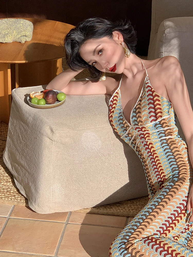 

Sexy Knitted Color Blo Stripe Strap V-Ne Wrap Body Slim Long Dr Island Store Vaion Sle Wrap around Skirt Polyeste...