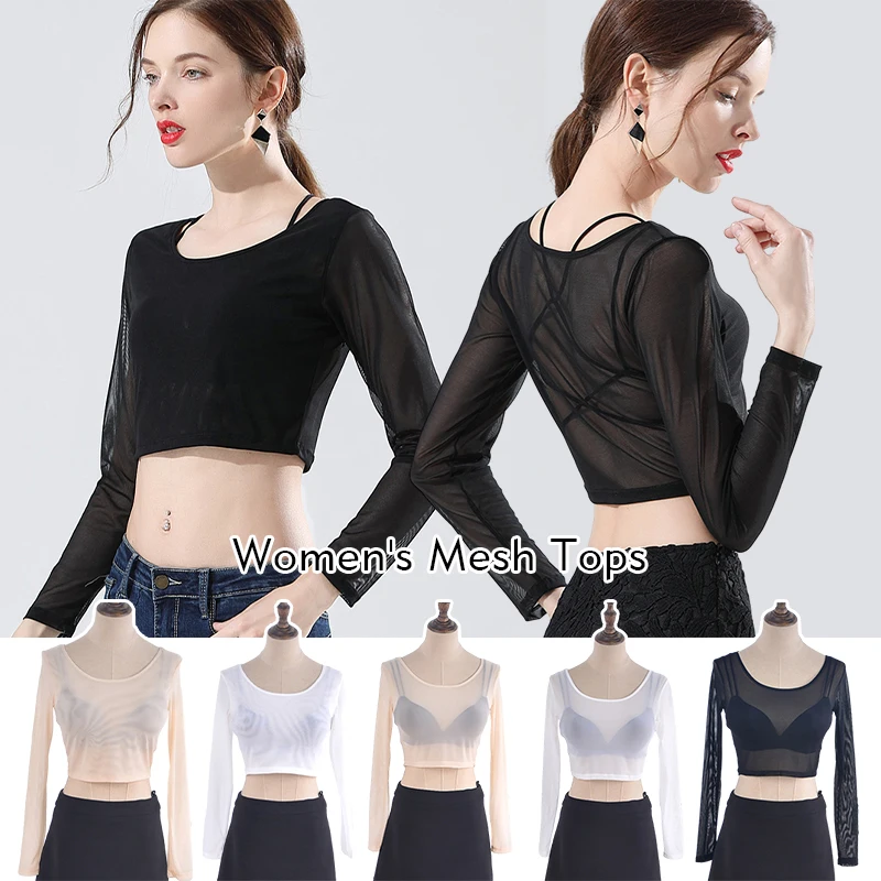 Women Basic Long Sleeve T-shirts Trendy All-match Perspective Mesh Bottoming Shirts Classic See-through Ballet Dance Crop Tops