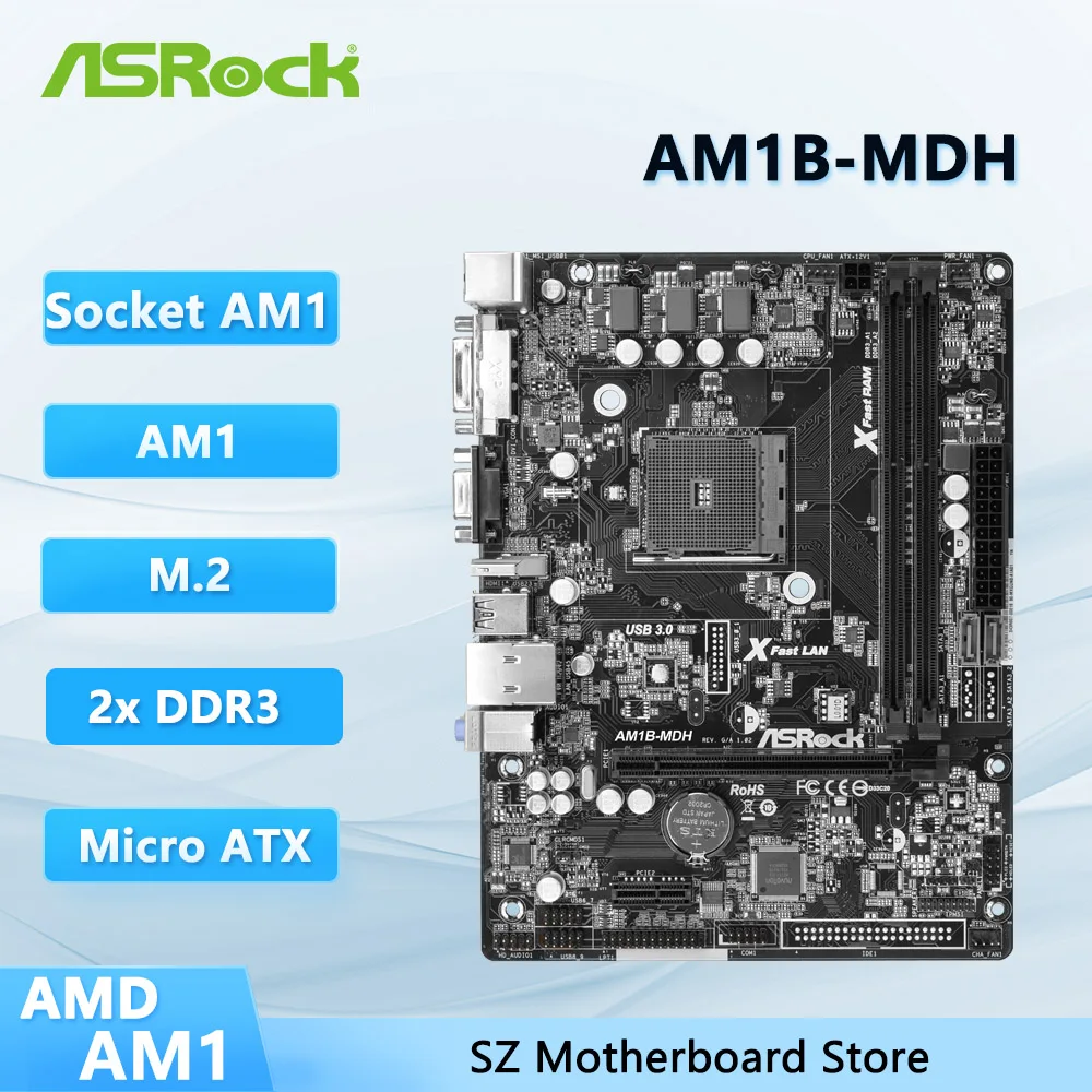 Placa-mãe Asrock AM1B-MDH AMD AM1 DDR3 32GB Micro ATX com suporte para CPUs AD530X, AD5150 e SD3850