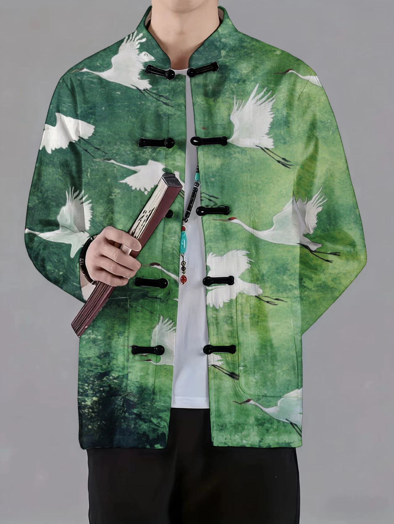 Men Men Traditional Chinese Tang Suit Jacket Mandarin Collar Frog Button Red Crane Bird Print Long Sleeve Streetwear Outer Coat - Aliexpress Deal