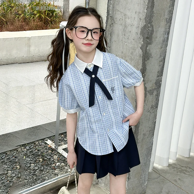 Girls Suit Summer 2026 Preppy Style Cute Casual Short Sleeve Plaid Shirt and Pleated Skirt Two Piece Set Children's Clothing