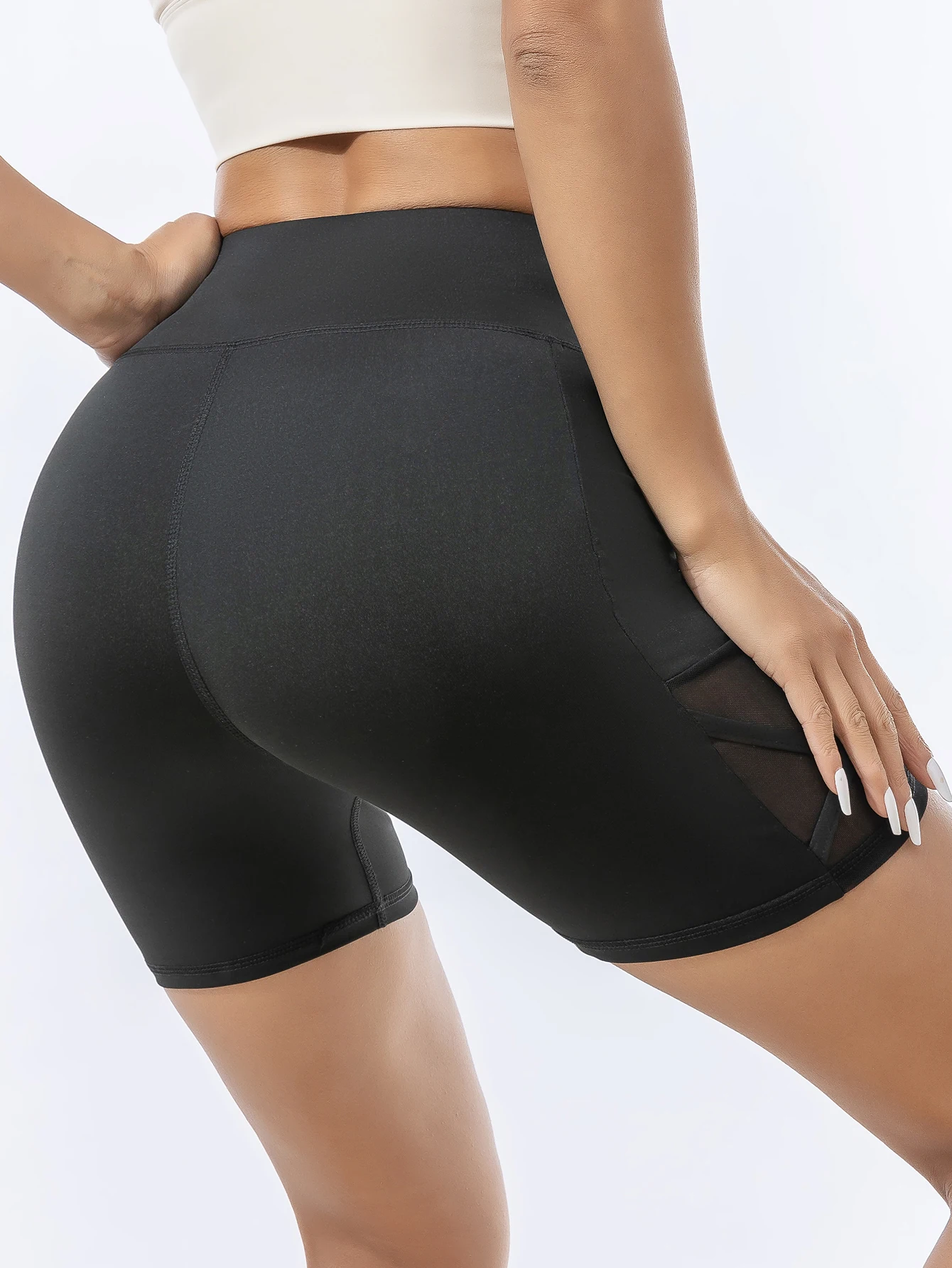 Side pocket mesh cross-fit shorts yoga exercise speed-dry running gym pants