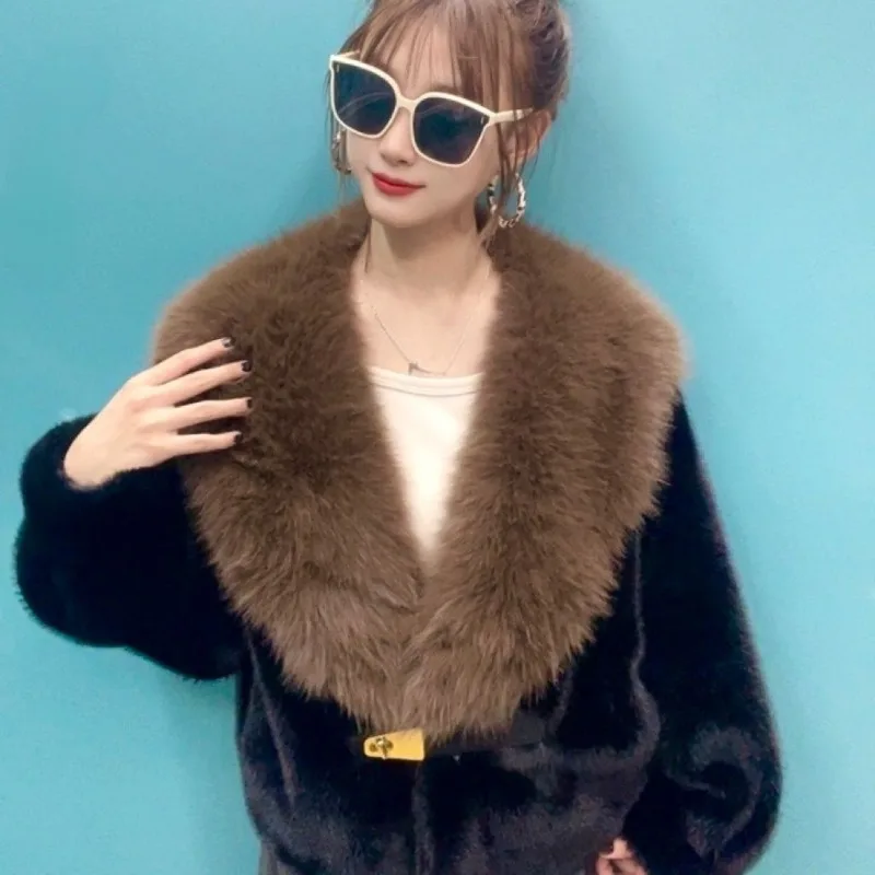 Luxury High Quality Fur Collar Faux Fur Coat Women's Autumn Winter Fur Jacket Warm Lapel Collar Fluffy Soft Jacket Loose Top