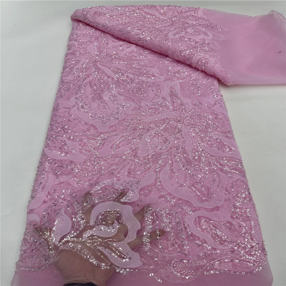 African Lace Fabric 2025 High Quality French Sequins Embroidery Beads Tulle Lace Fabric For Wedding Party Dress Sewing