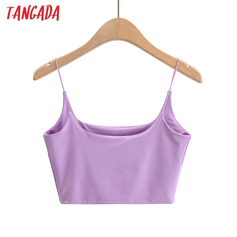 Tangada women sexy candy color strethy camis top spaghetti strap sleeveless backless short blouses shirts female solid tops 4P7