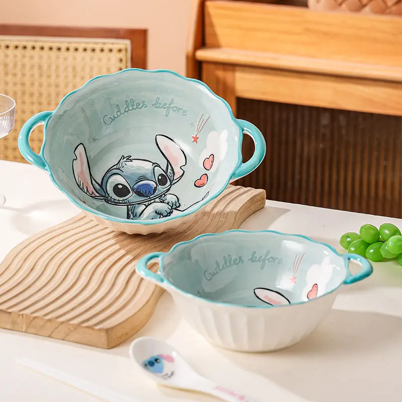 Mangkuk sup keramik lucu bergambar kartun Disney Stitch dengan pegangan ganda anti panas, peralatan makan dapur kreatif, mangkuk salad, mangkuk mie instan, hadiah