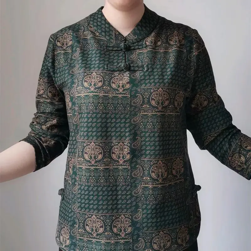 New Autumn and Winter Retro Top Mom's Outfit Belly Covering Long Sleeved Chinese Style Western-style Broad Wife's Button Up Shir